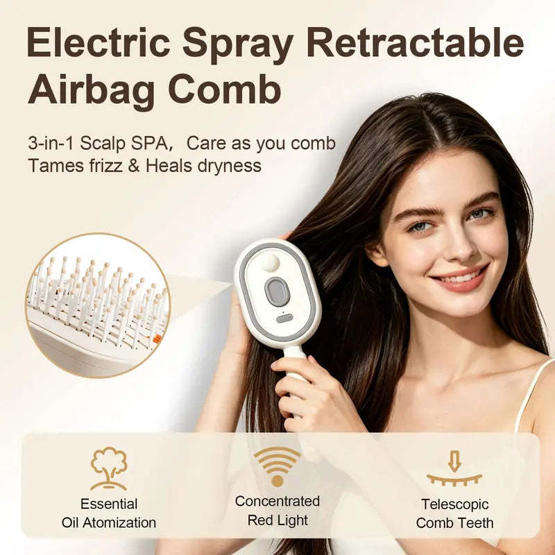 Electric Spray Air Cushion Massage Comb – Self-Cleaning Anti-Tangle Essential Oil Mist Hair Care Comb