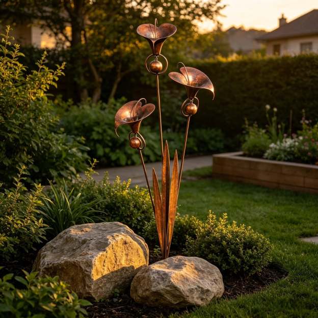 🏡Flamed Copper Three Calla Lilies Garden Stake with Bells
