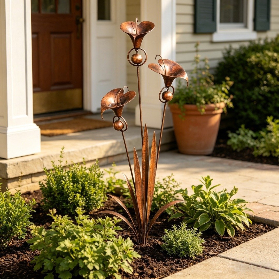 🏡Flamed Copper Three Calla Lilies Garden Stake with Bells