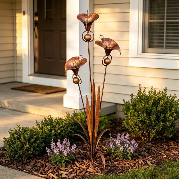 🏡Flamed Copper Three Calla Lilies Garden Stake with Bells