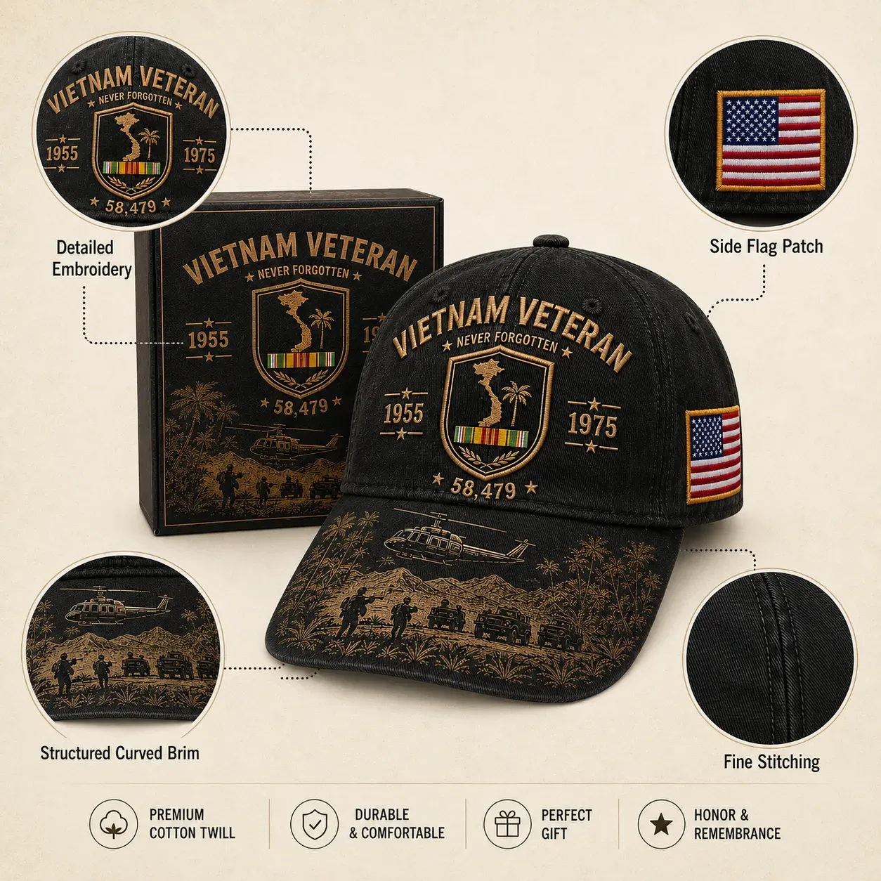 Vietnam Veteran Never Forgotten 1955–1975 Commemorative Cap 🇺🇸