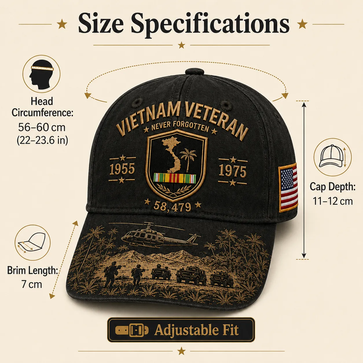 Vietnam Veteran Never Forgotten 1955–1975 Commemorative Cap 🇺🇸