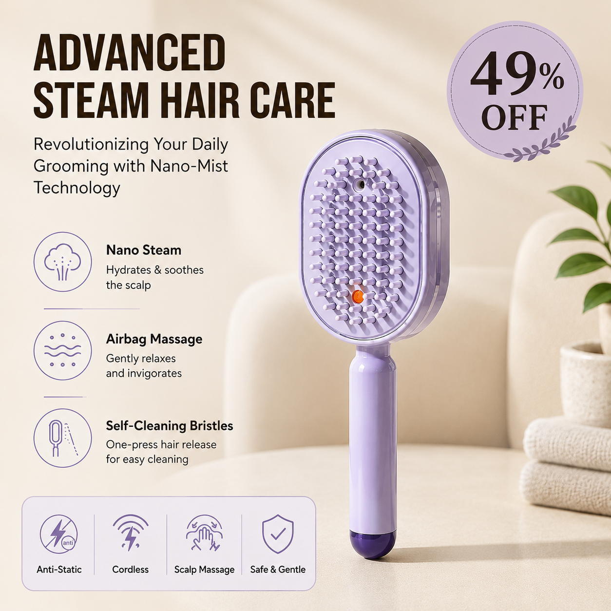 Electric Spray Air Cushion Massage Comb – Self-Cleaning Anti-Tangle Essential Oil Mist Hair Care Comb