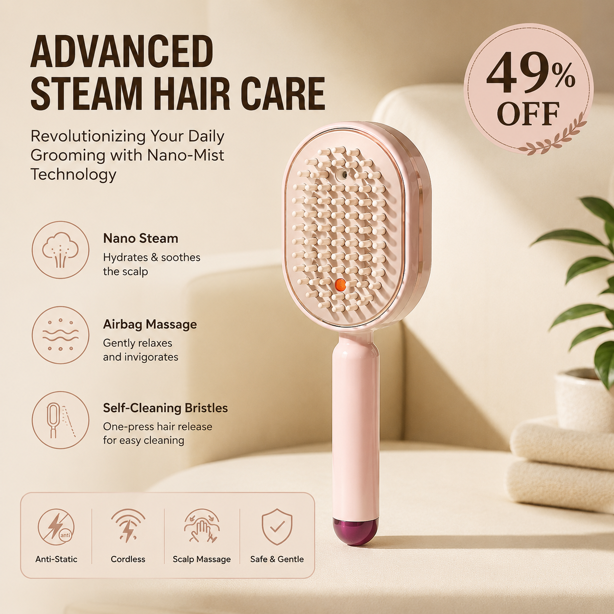 Electric Spray Air Cushion Massage Comb – Self-Cleaning Anti-Tangle Essential Oil Mist Hair Care Comb