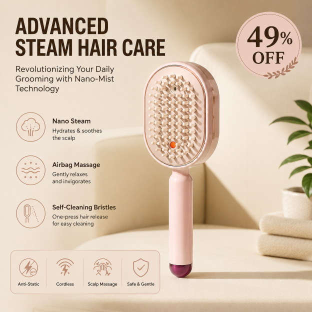 Electric Spray Air Cushion Massage Comb – Self-Cleaning Anti-Tangle Essential Oil Mist Hair Care Comb