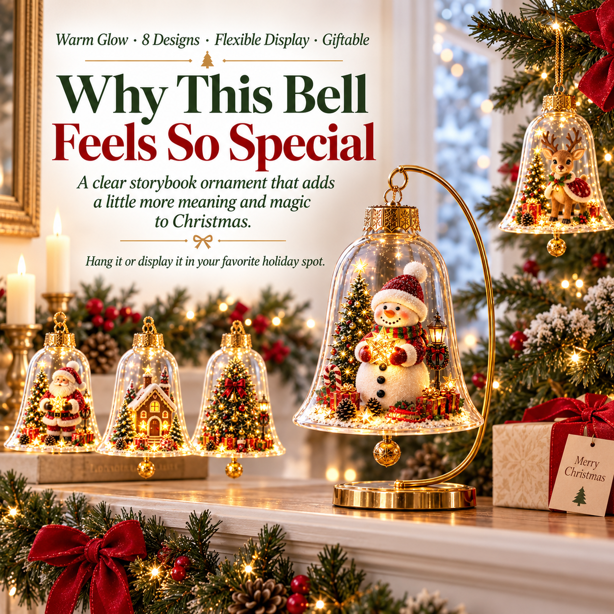 🔔 Light-Up Christmas Bell Ornament – 8 Storybook Scenes 🎄