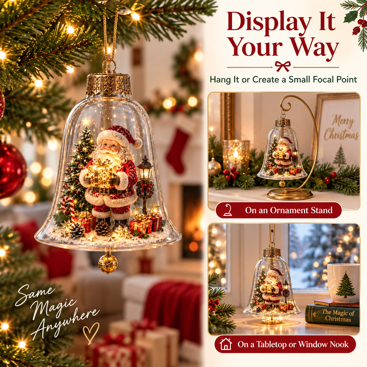 🔔 Light-Up Christmas Bell Ornament – 8 Storybook Scenes 🎄