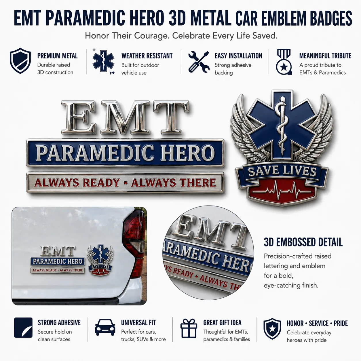 🇺🇸 EMT Paramedic Hero 3D Metal Car Emblem Badge