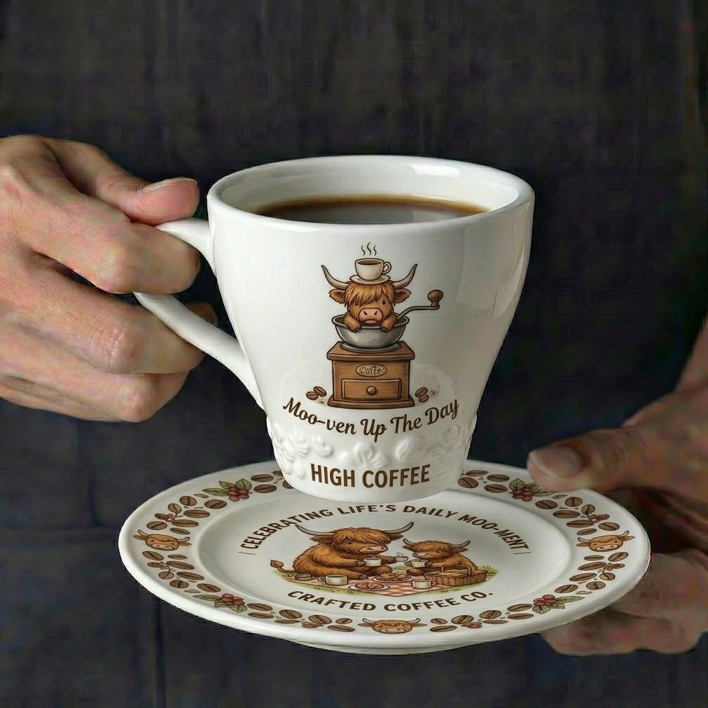 🐂 Highland Cow “Moo-Ment” Mug & Coffee Saucer Set