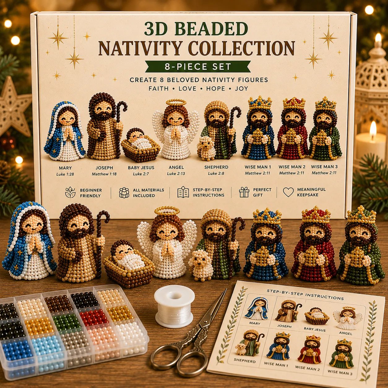✝️3D Beaded Nativity Collection DIY Kit –– Handmade Christmas Faith Craft Set (8-Piece Set)