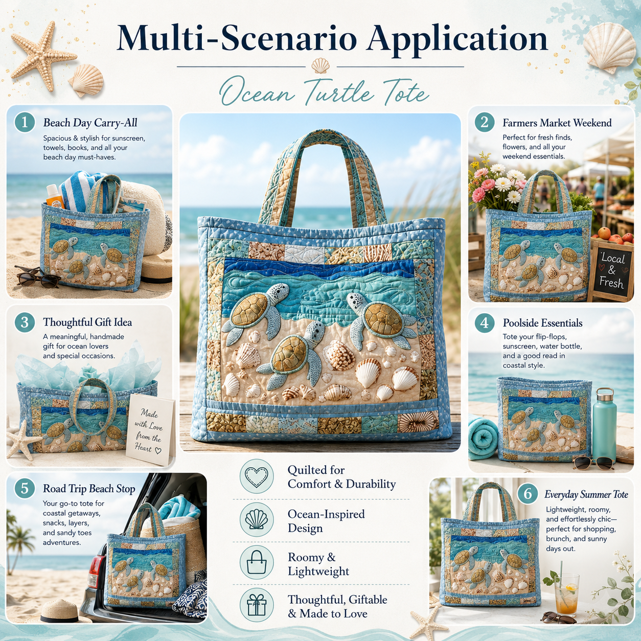 ❤️ Small-Batch Handmade Turtle Haven Quilted Tote Bag
