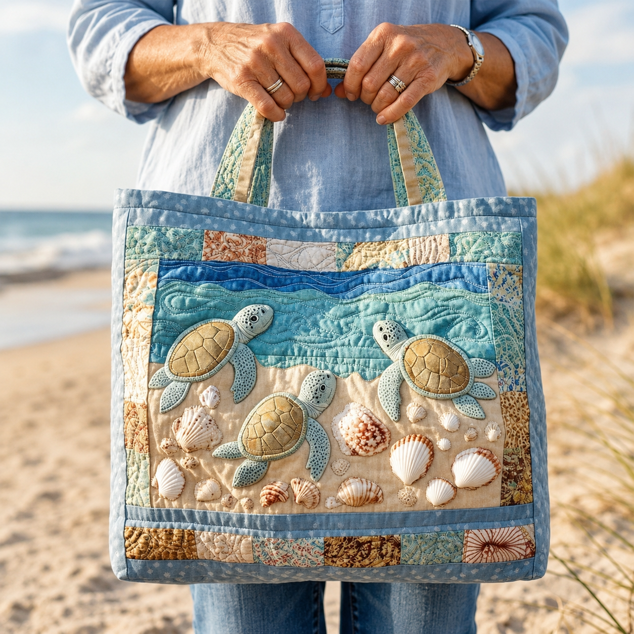 ❤️ Small-Batch Handmade Turtle Haven Quilted Tote Bag