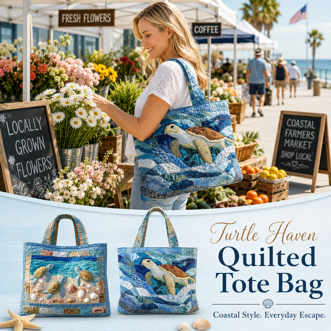 ❤️ Small-Batch Handmade Turtle Haven Quilted Tote Bag