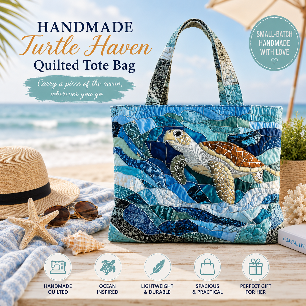 ❤️ Small-Batch Handmade Turtle Haven Quilted Tote Bag