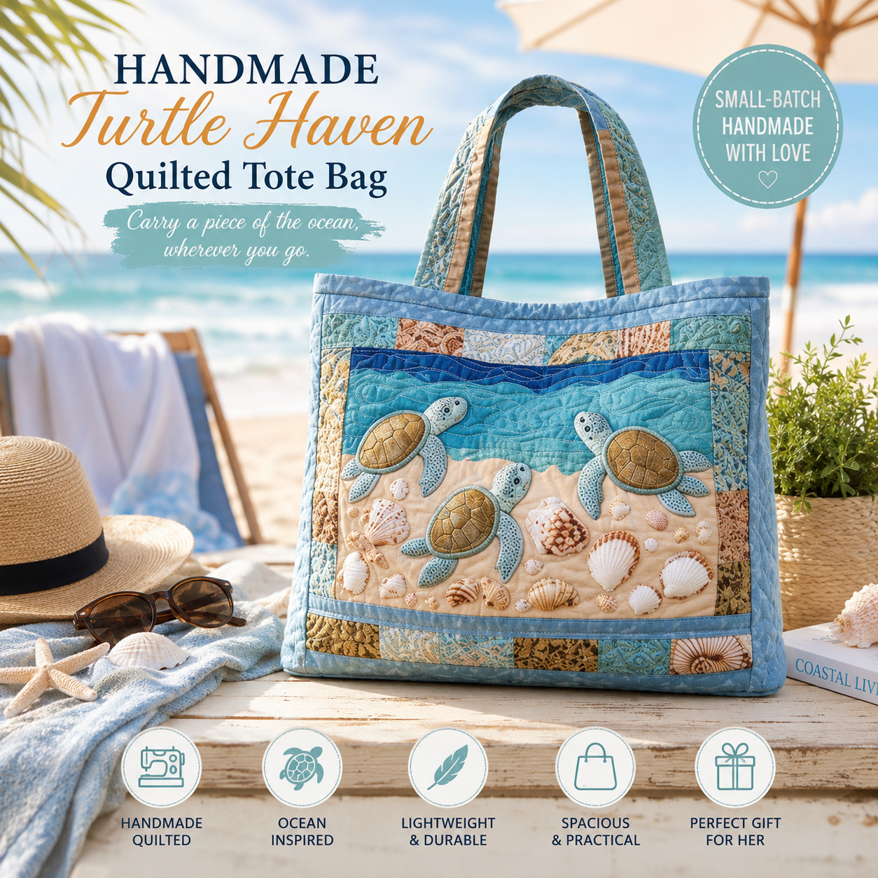 ❤️ Small-Batch Handmade Turtle Haven Quilted Tote Bag