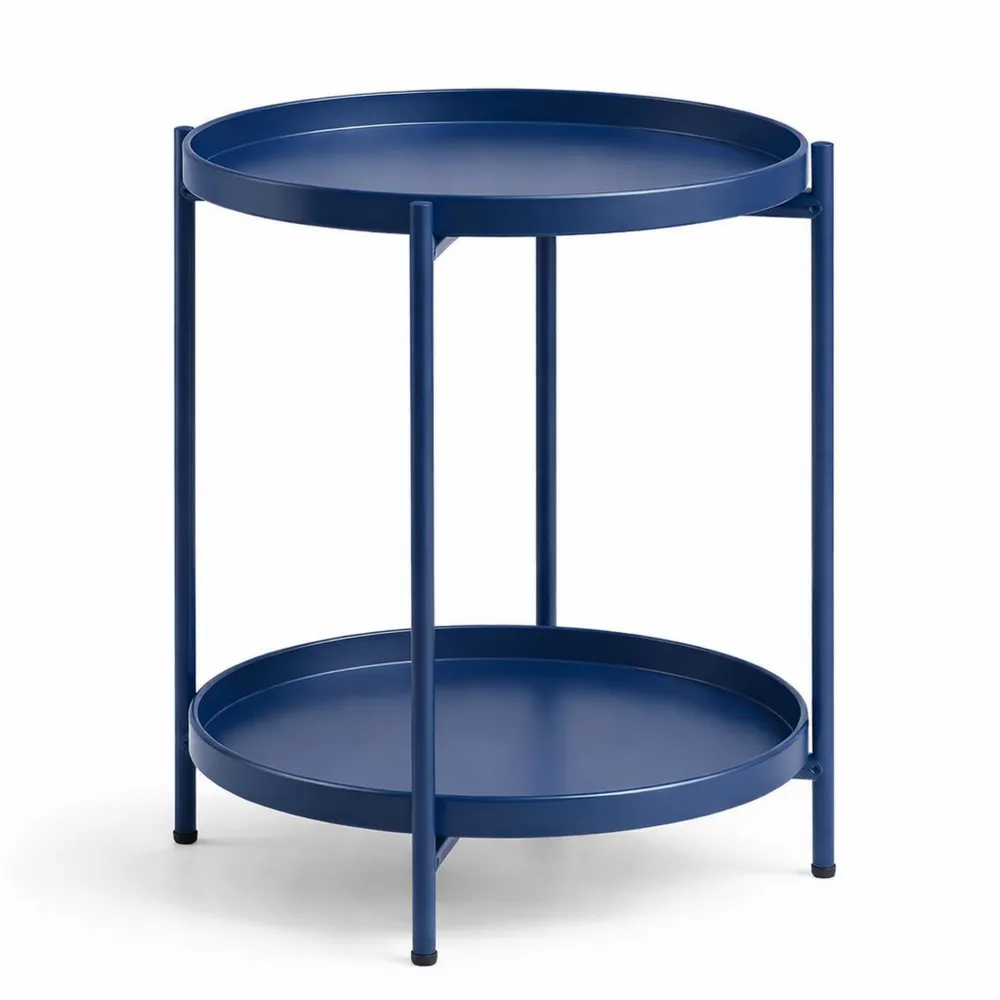 Tavolino Rotondo in Metallo con 2 Ripiani per Salotto e Camera da Letto, Blu Scuro