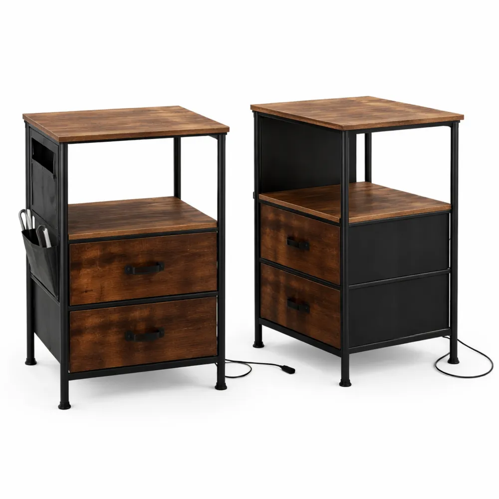 Set di 2 tavolini con cassetti e stazione di ricarica, per soggiorno e camera da letto, fino a 50kg