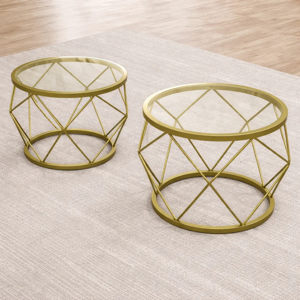 Tavolini da Caffè Rotondi Set Doppi con Struttura in Metallo per Interni