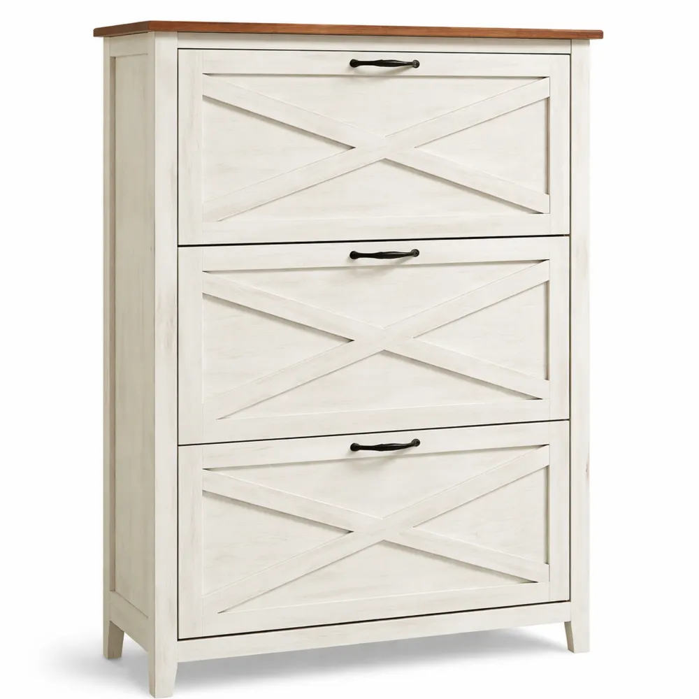 Scarpiera a Ribalta con 3 Scomparti, per 18-24 Paia di Scarpe, Stile Vintage, Colore Bianco