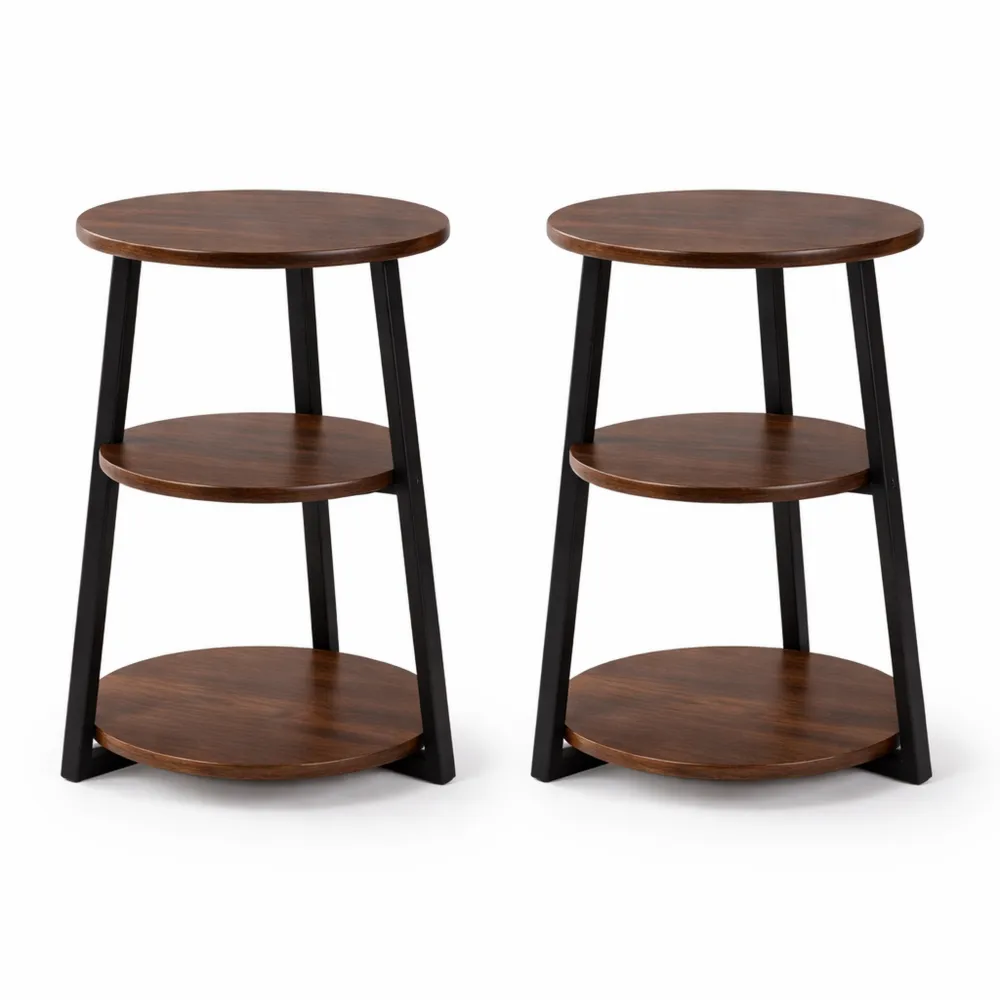 Tavolino Rotondo Industriale a 3 Livelli con Piedini Regolabili per Soggiorno