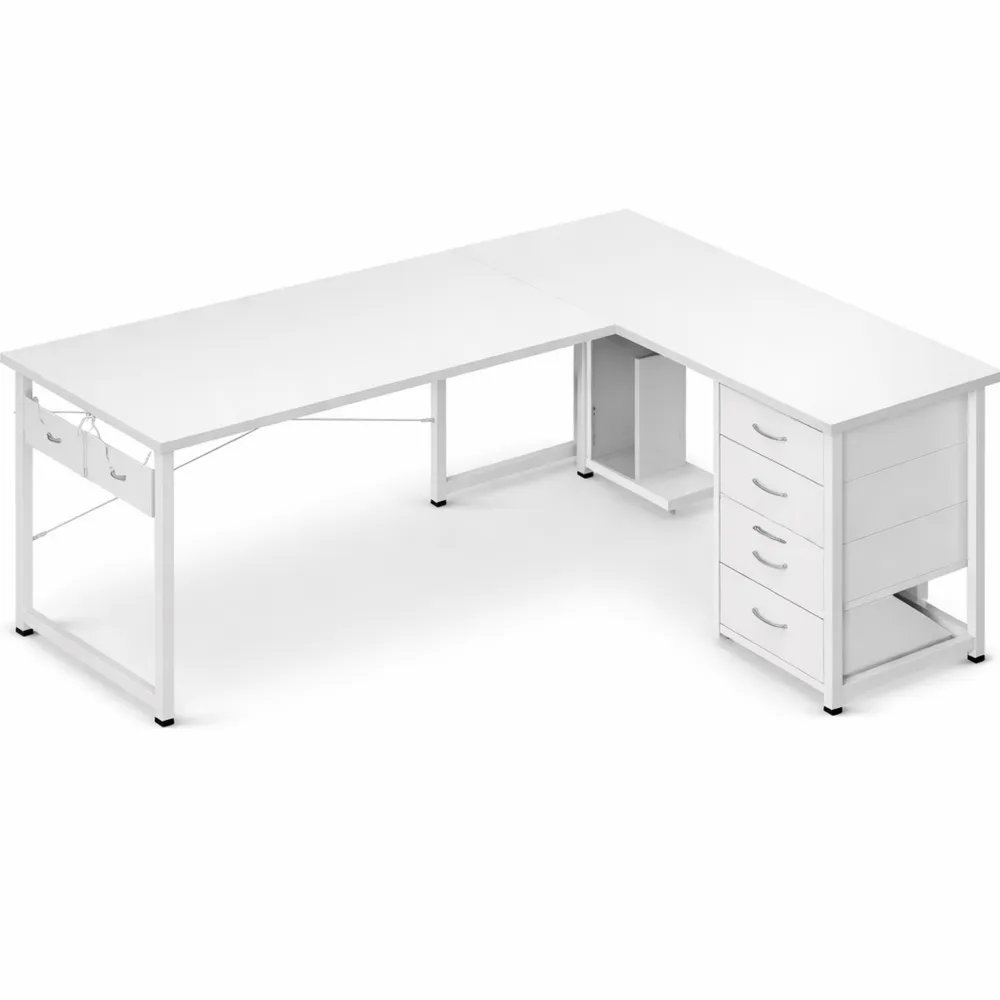 Scrivania Angolare con Cassetti e Porta USB, 135x100 cm, Salvaspazio per Ufficio, Bianco