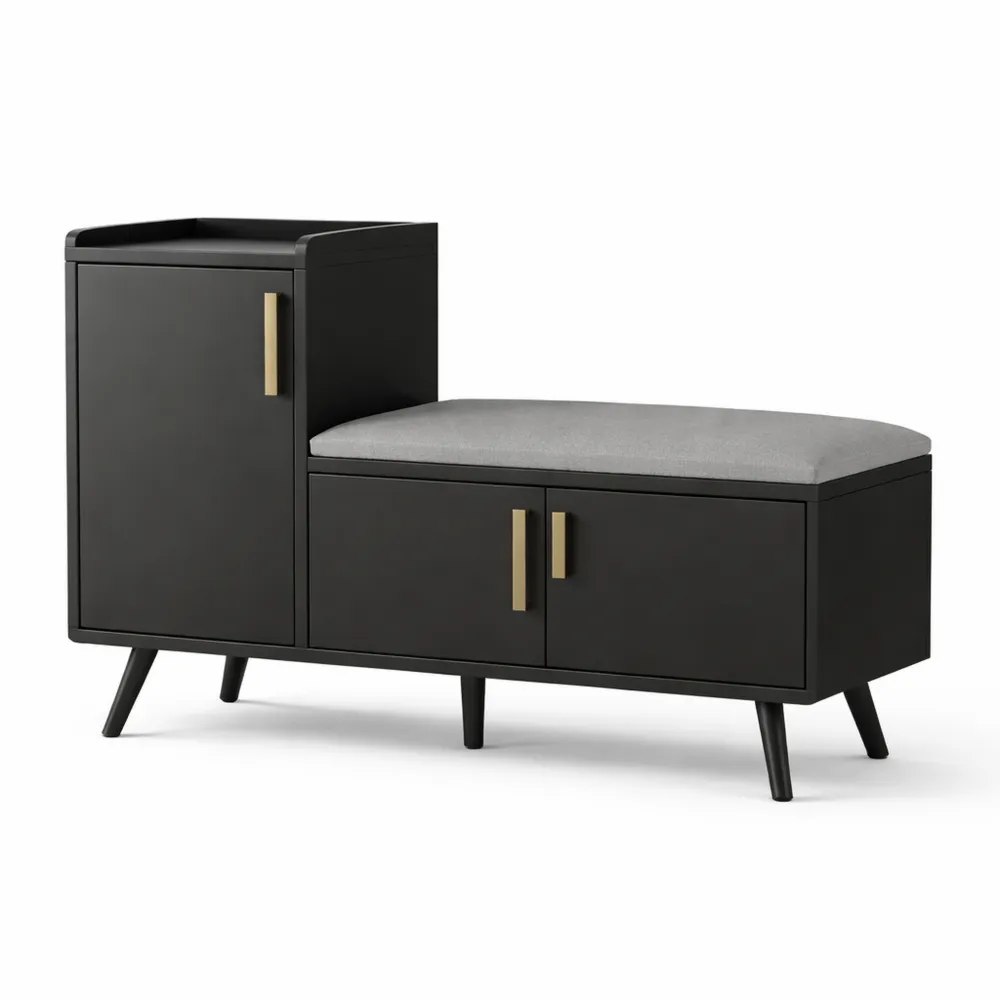 Scarpiera con panchina e 3 ante di stoccaggio, maniglie in metallo, colore nero