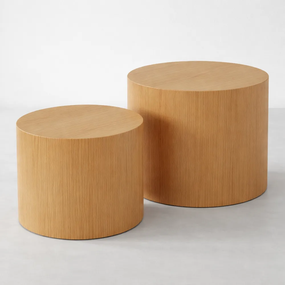 Set di Tavolini Rotondi e Cilindrici in Effetto Rovere con Design Moderno