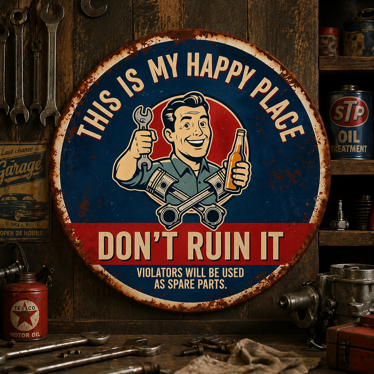 🔥 LAST DAY 60% OFF — "This Is My Happy Place" Metal Sign 🌿🔧