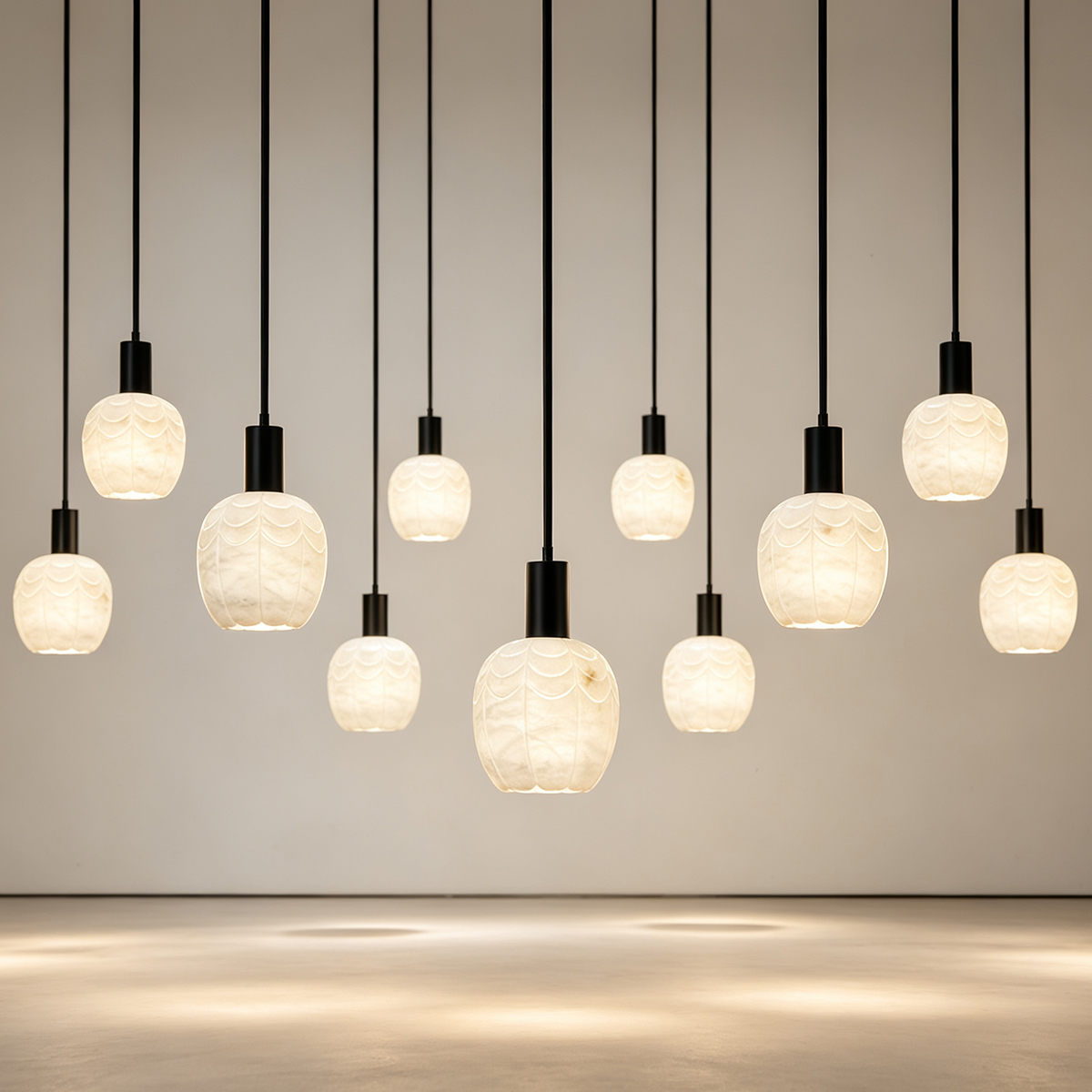 Casailighting “Lotus Bud” Carved Alabaster & Black Brass Pendant Light
