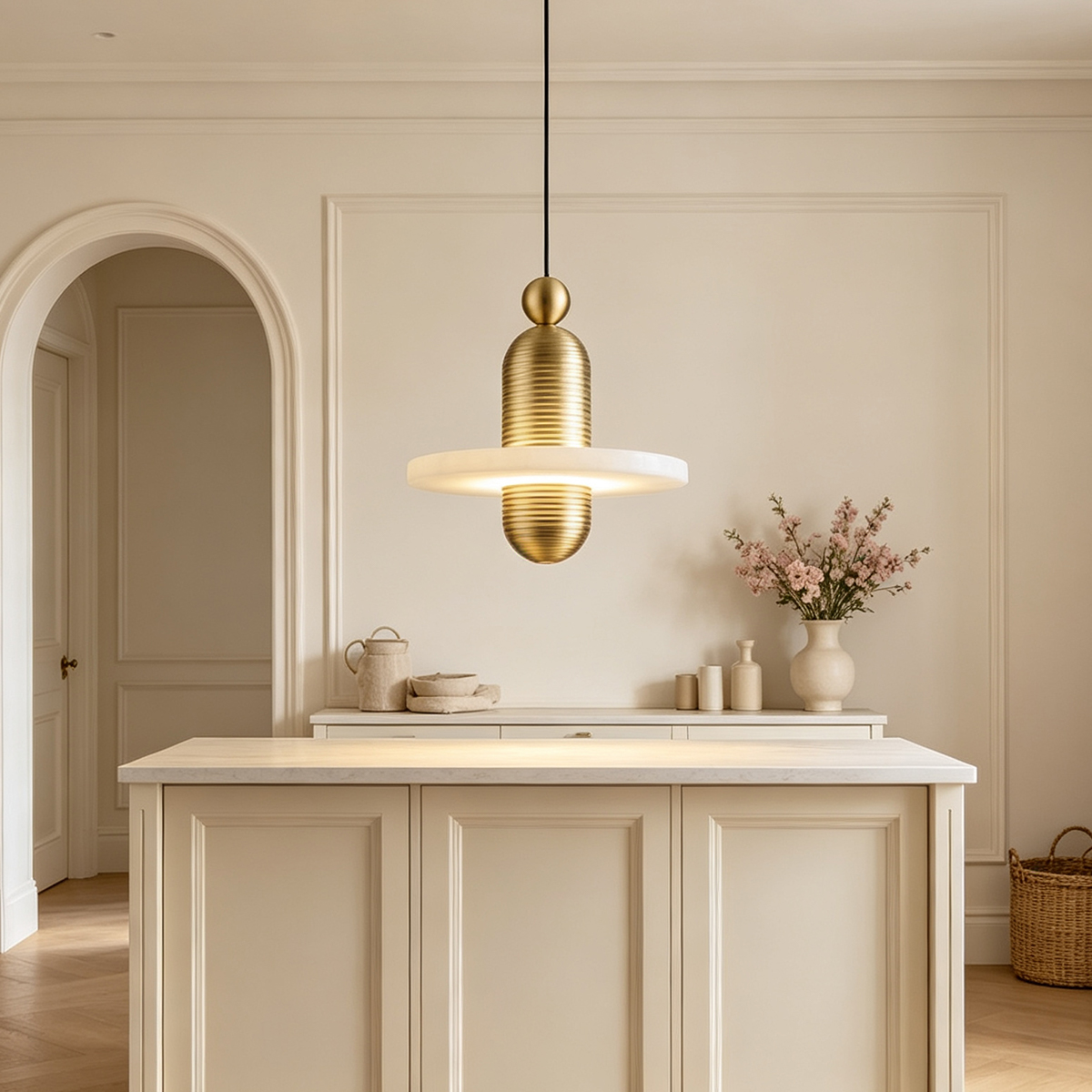 Casailighting “Orbit Disc” Alabaster & Brushed Aluminum Pendant Light