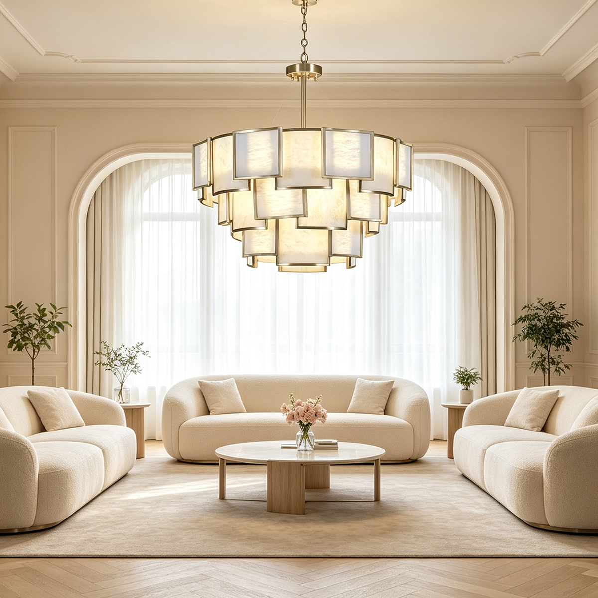 Casailighting Tiered Square Alabaster & Stainless Steel Chandelier