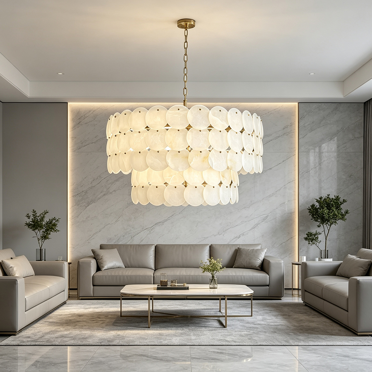 Casailighting Tiered Circular Alabaster & Brass Chandelier