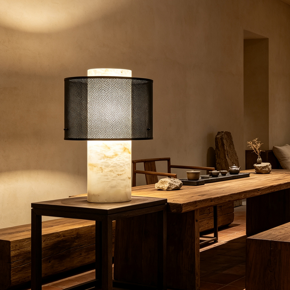 Casailighting “Mesh Veil” Alabaster & Gunmetal Brass Table Lamp