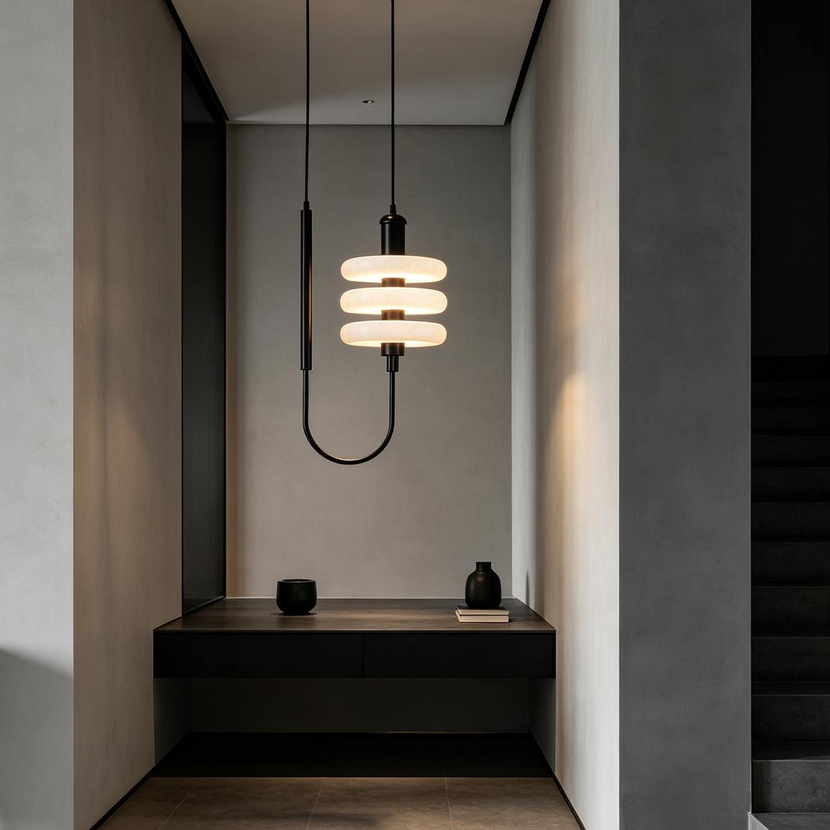 Casailighting Stacked Disc Alabaster & Black Brass Pendant Light