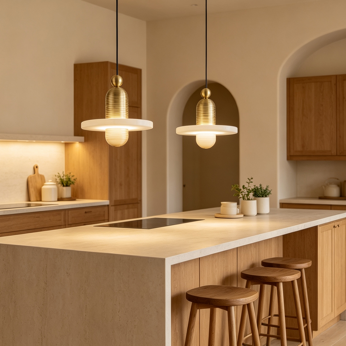 Casailighting “Orbit Disc” Alabaster & Brushed Aluminum Pendant Light