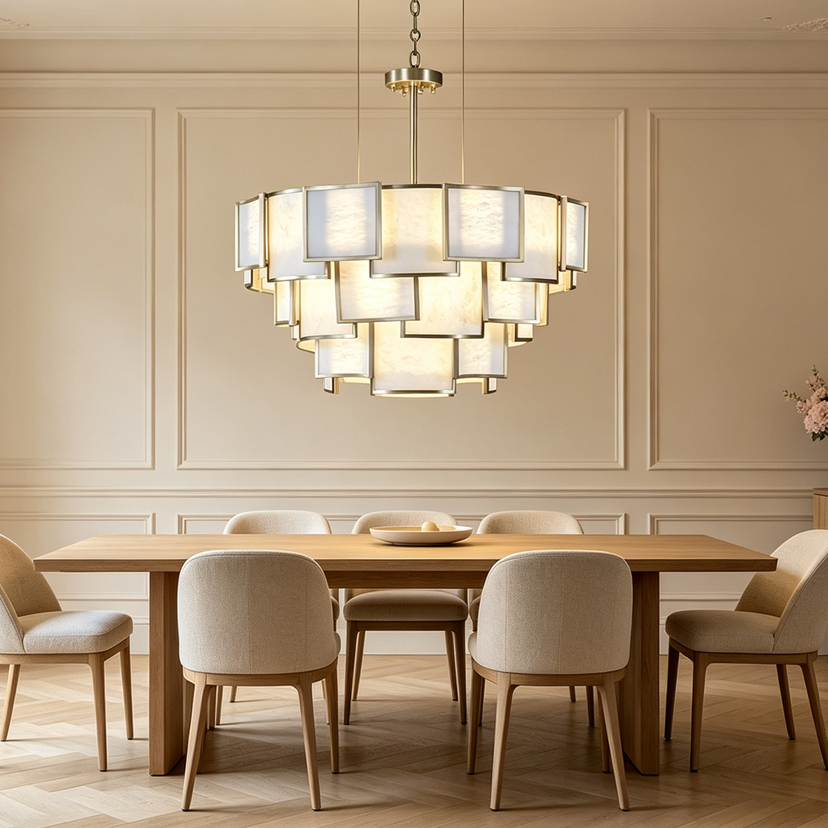 Casailighting Tiered Square Alabaster & Stainless Steel Chandelier