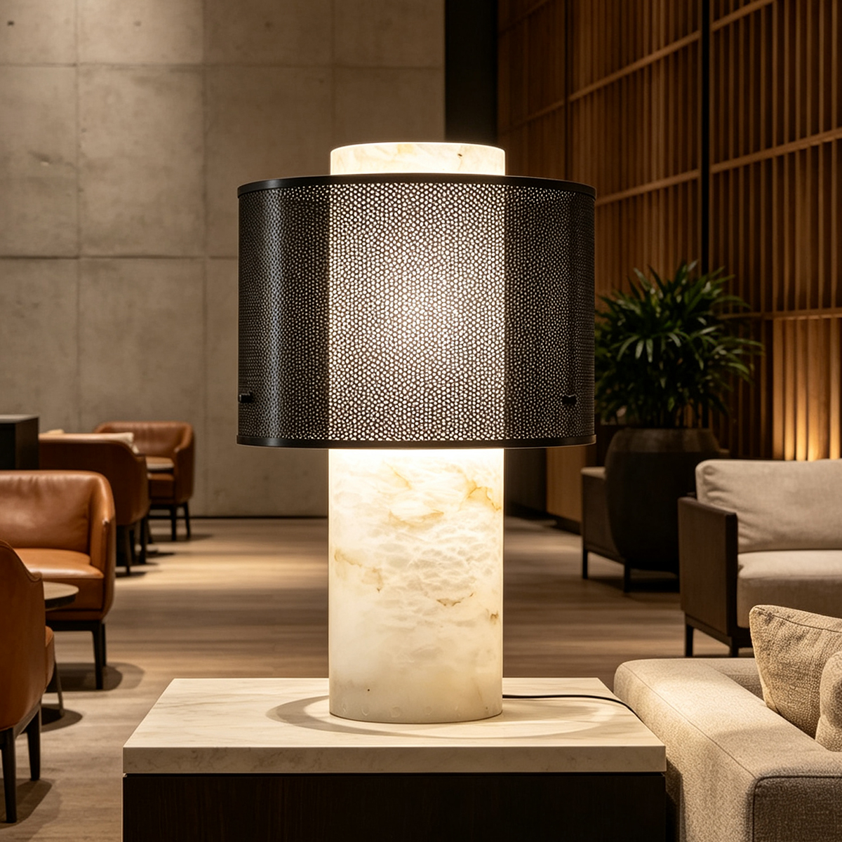 Casailighting “Mesh Veil” Alabaster & Gunmetal Brass Table Lamp
