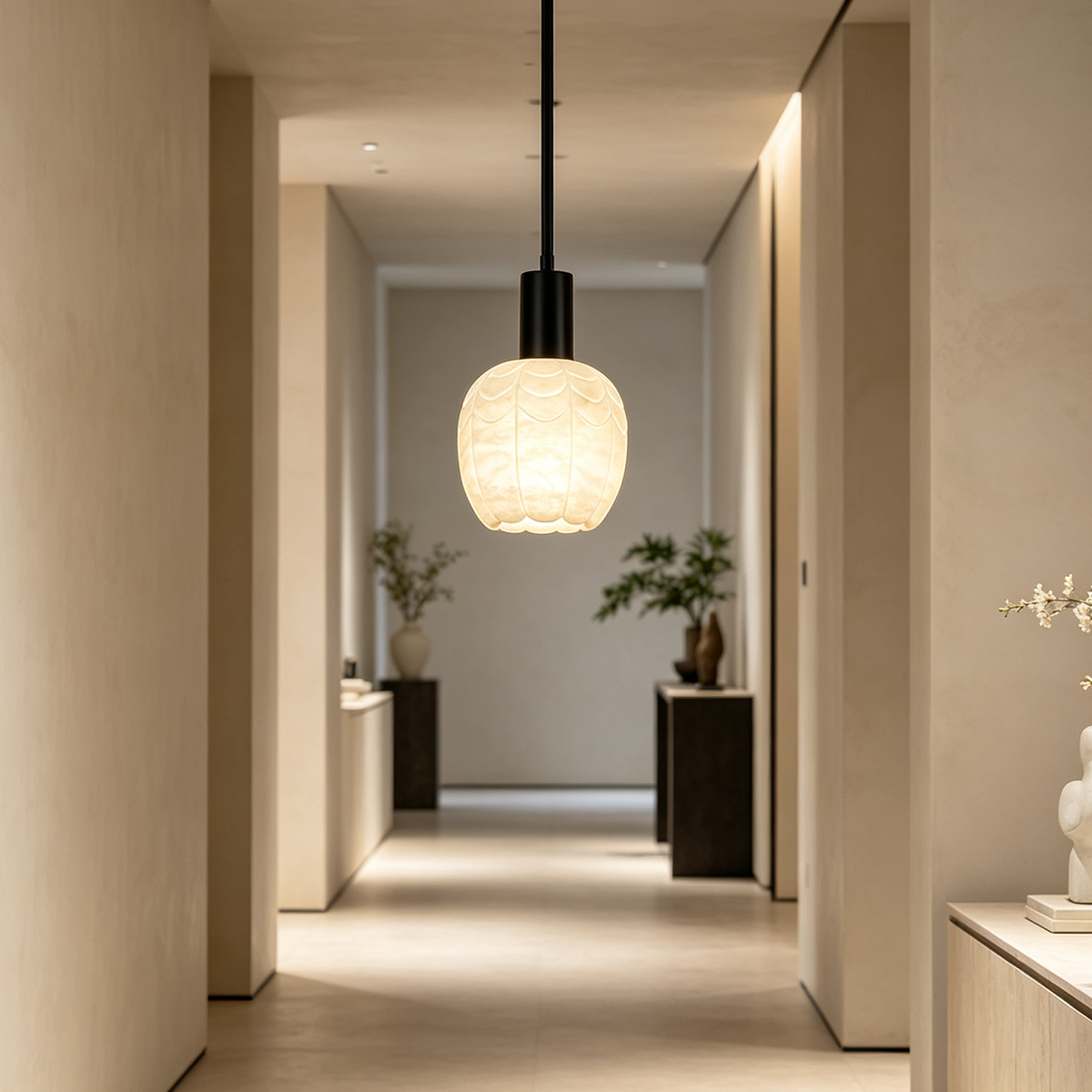 Casailighting “Lotus Bud” Carved Alabaster & Black Brass Pendant Light