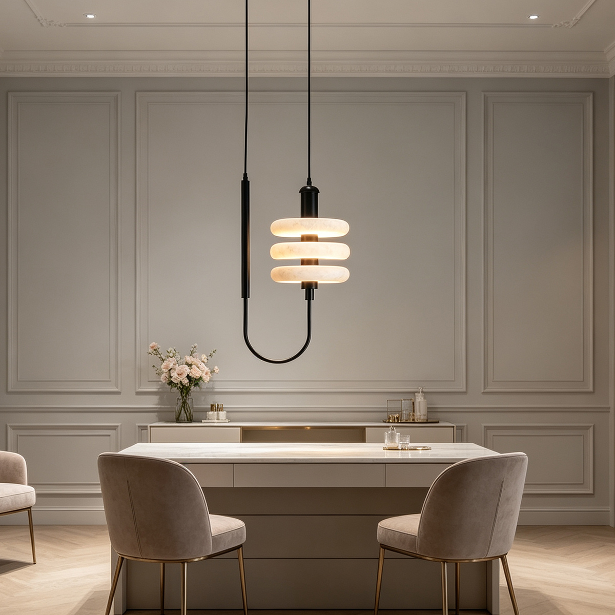 Casailighting Stacked Disc Alabaster & Black Brass Pendant Light