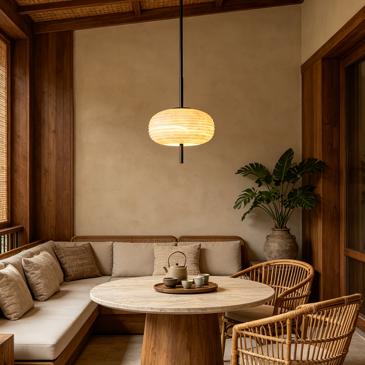 Casailighting Ribbed Alabaster & Brass Pendant Light