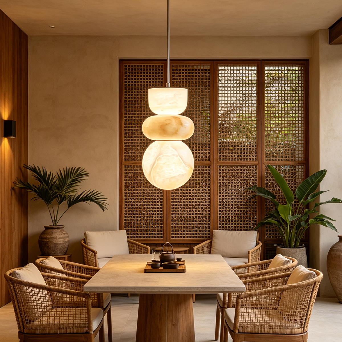 Casailighting 「Stacked Stones」Triple Tier Alabaster & Brass Pendant Light