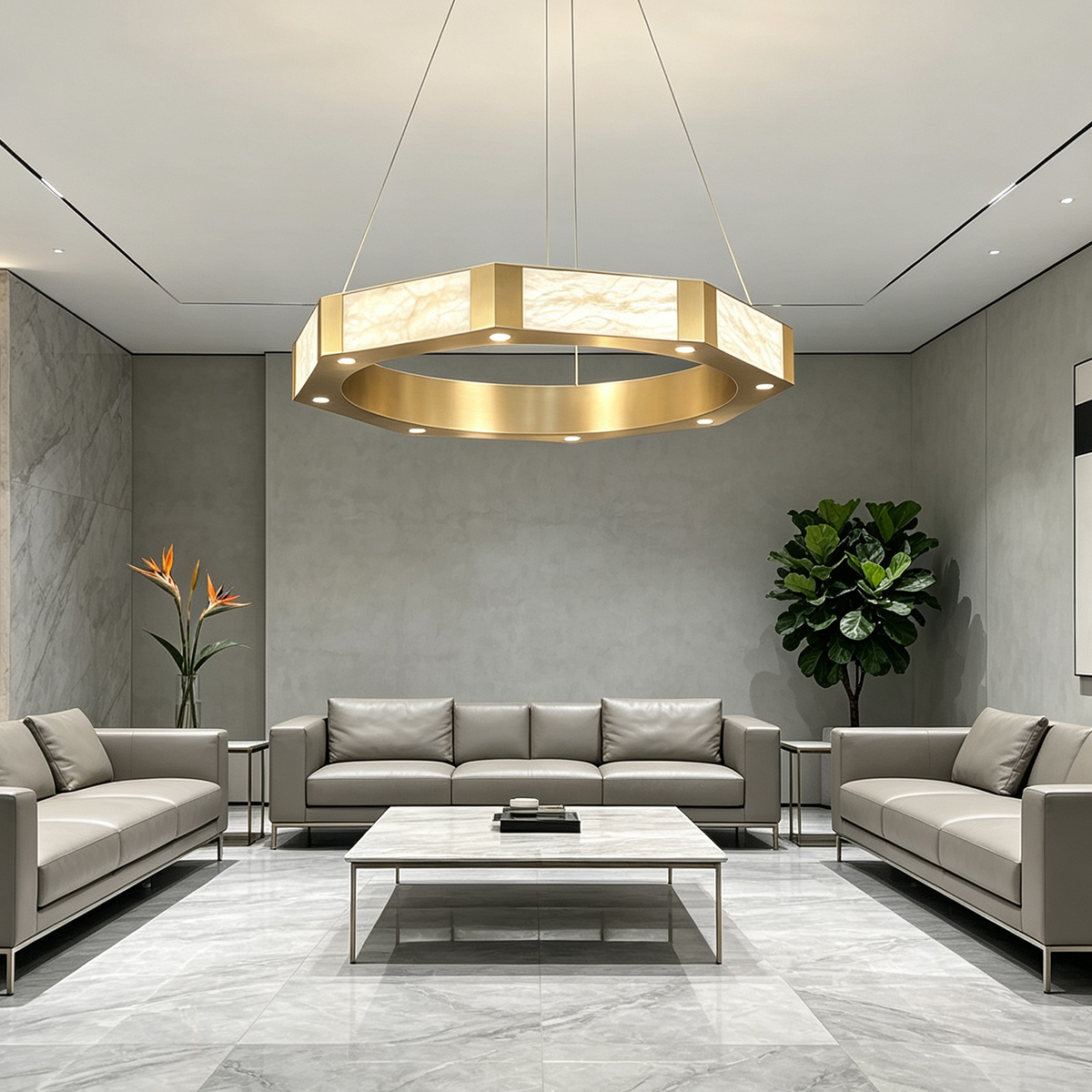 Casailighting Hexagonal Alabaster & Brass LED Chandelier