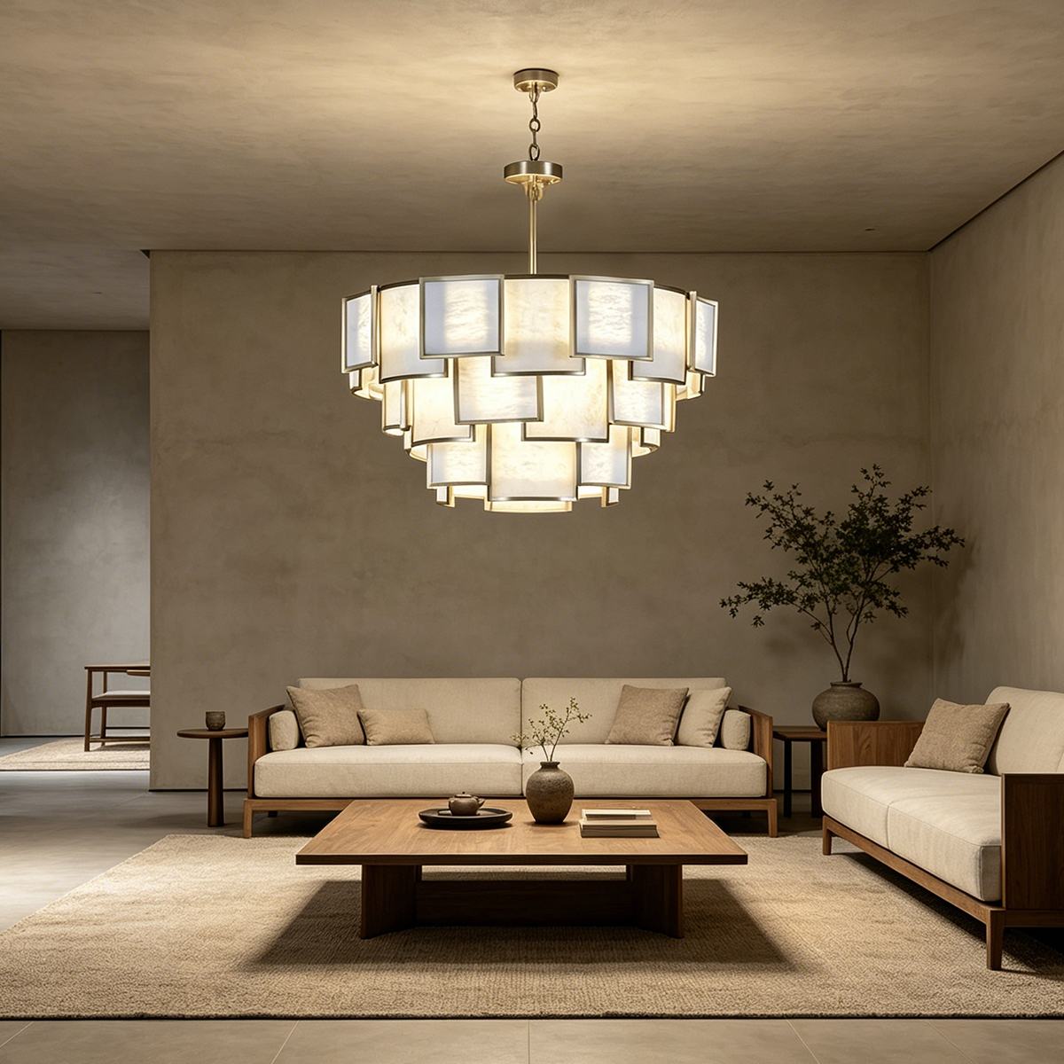 Casailighting Tiered Square Alabaster & Stainless Steel Chandelier