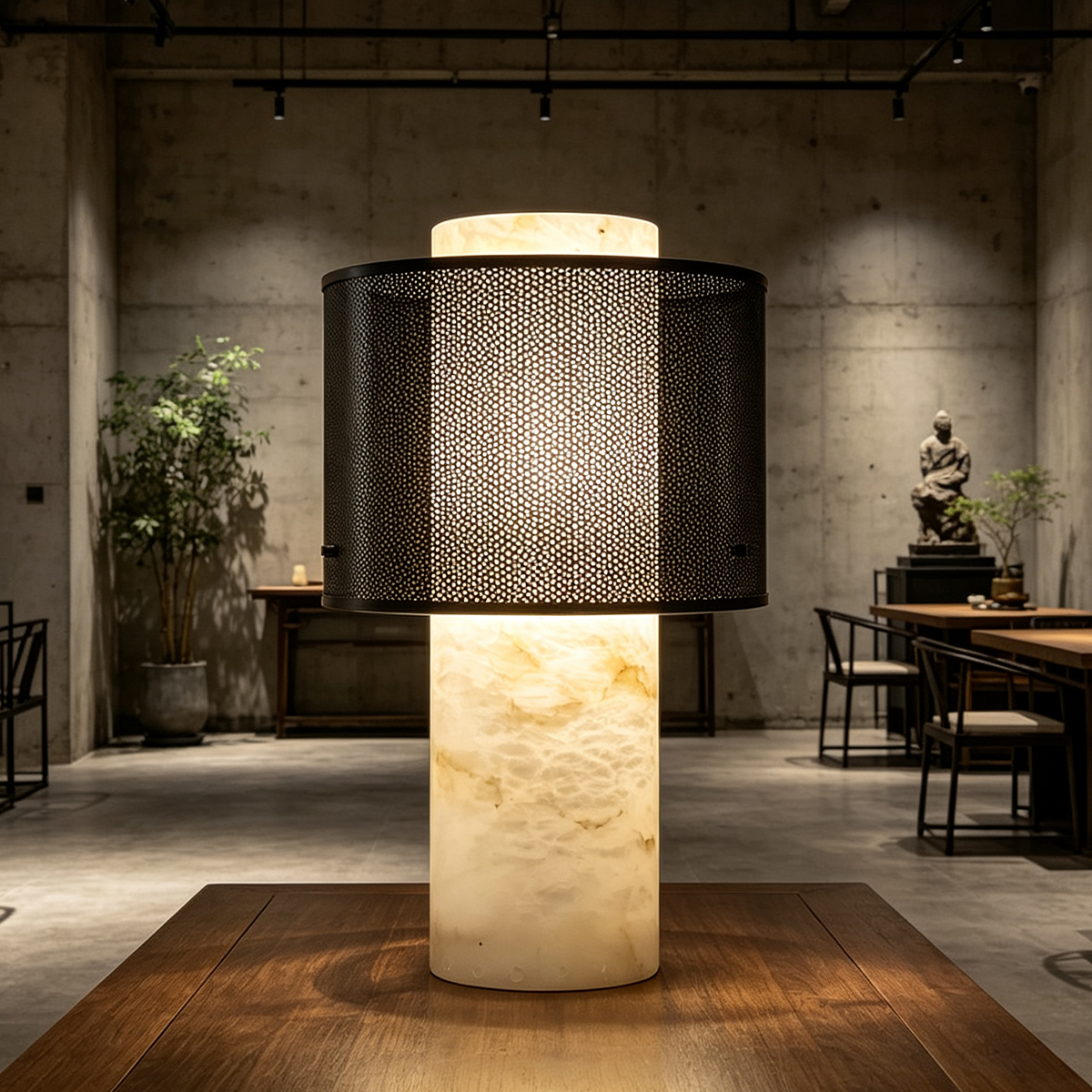 Casailighting “Mesh Veil” Alabaster & Gunmetal Brass Table Lamp
