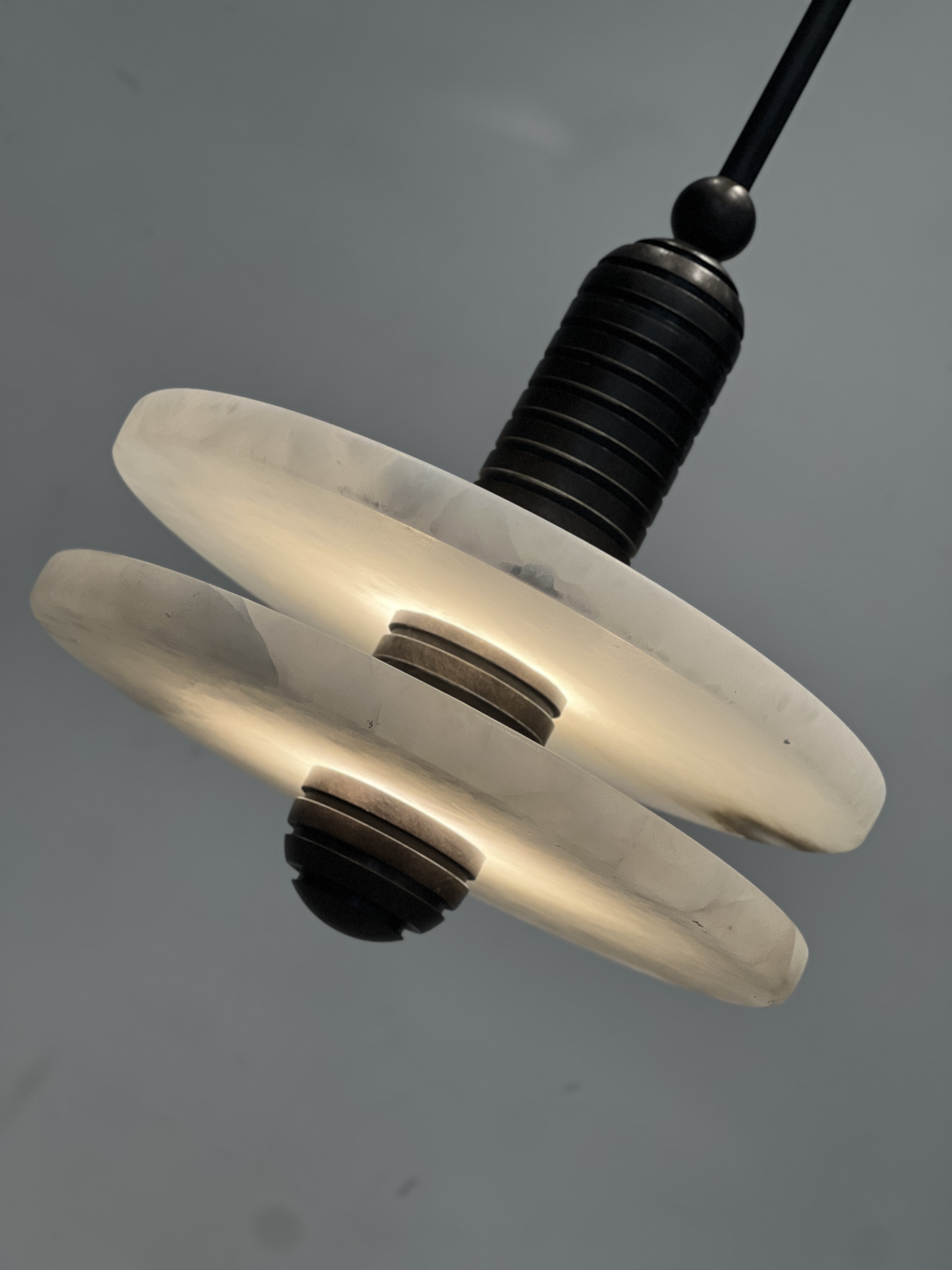 CASA Lighting Double Disc Alabaster & Blackened Brass Pendant Light