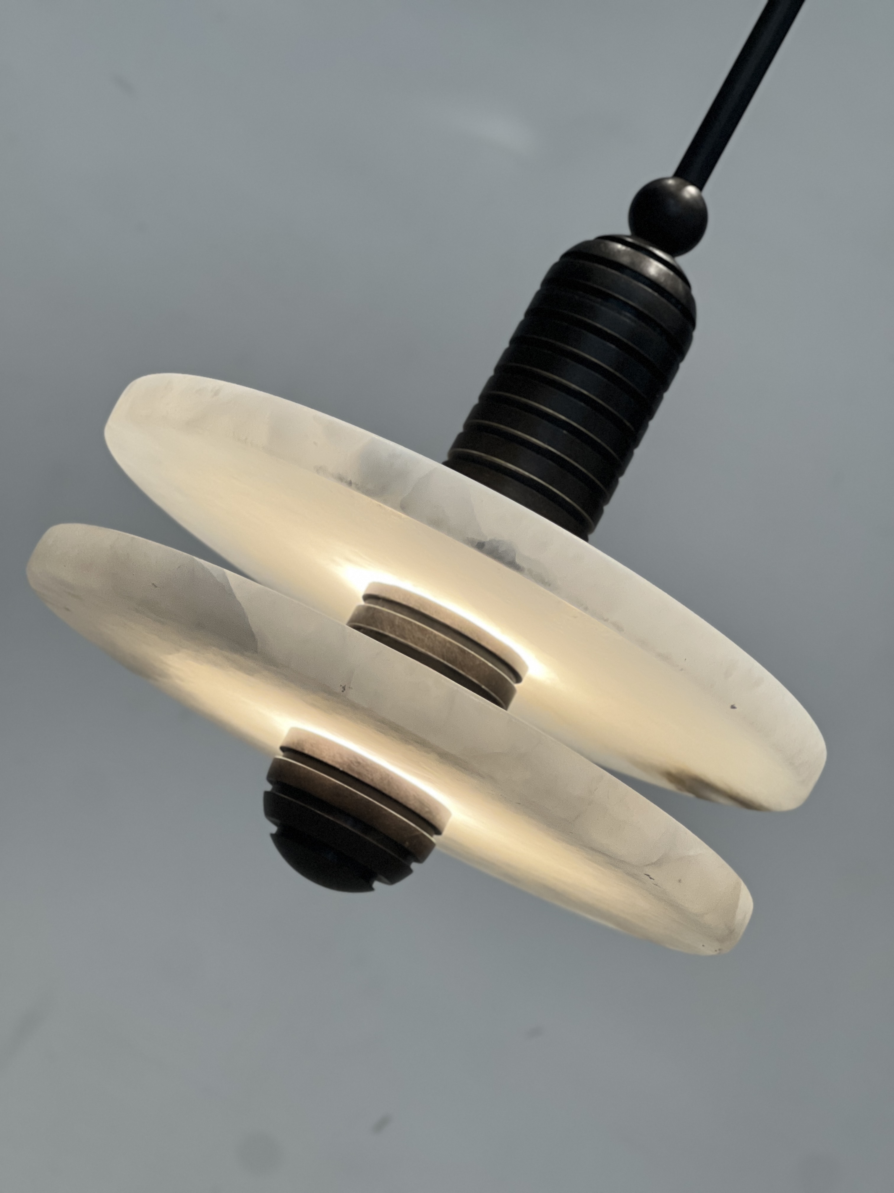 CASA Lighting Double Disc Alabaster & Blackened Brass Pendant Light