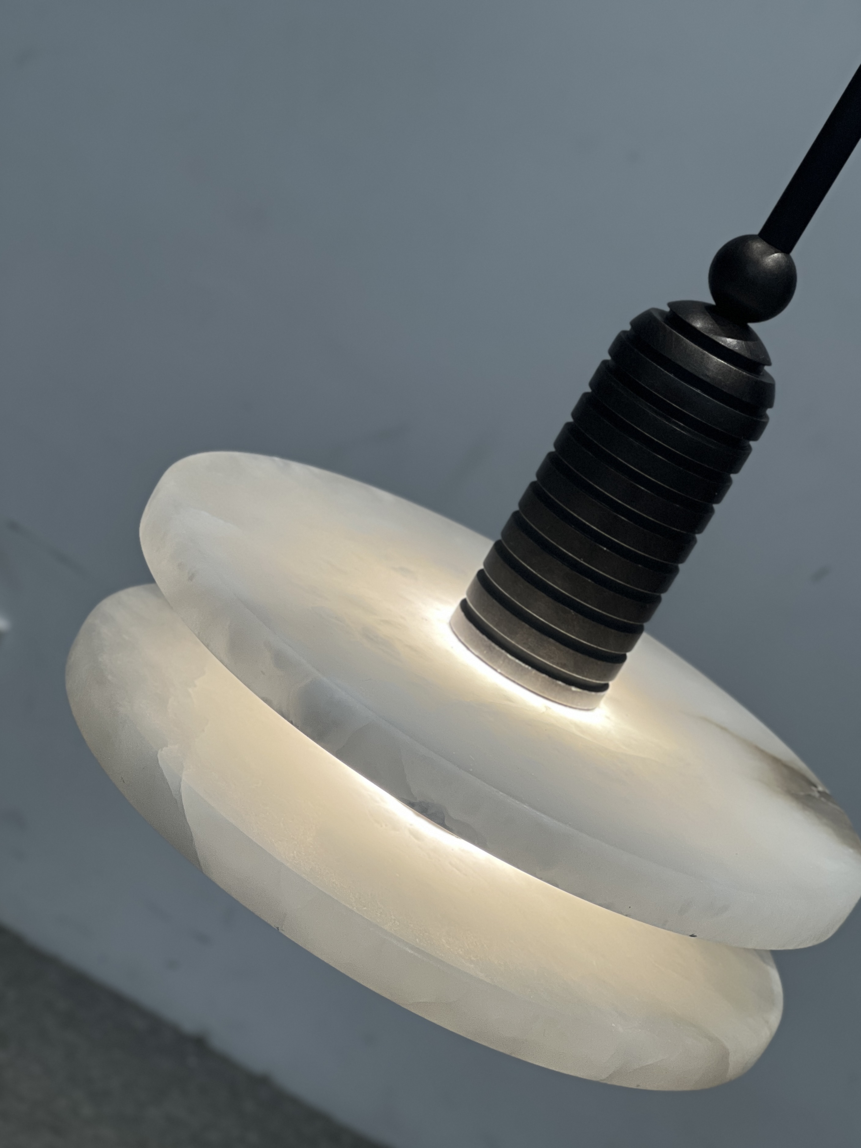 CASA Lighting Double Disc Alabaster & Blackened Brass Pendant Light