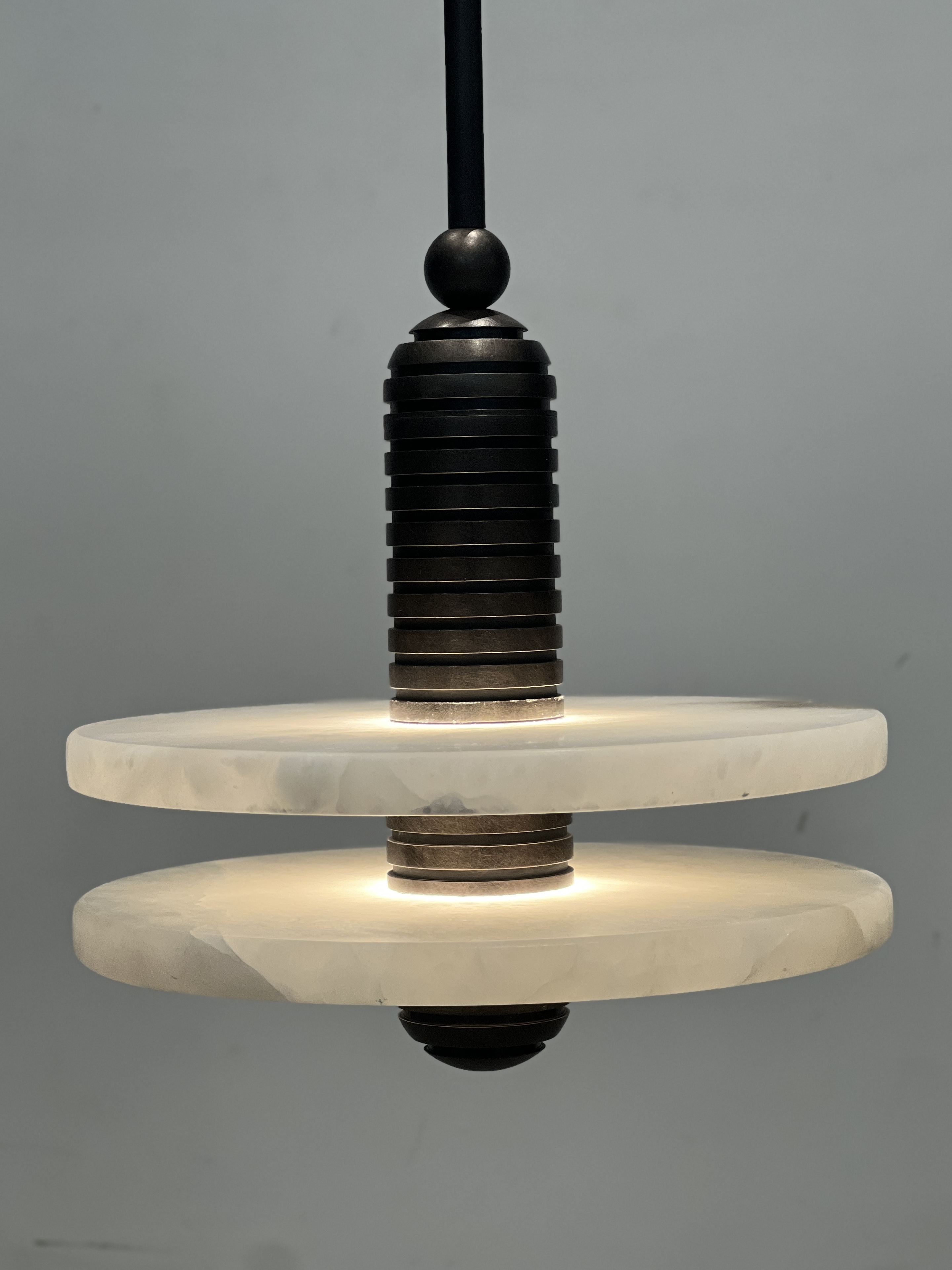CASA Lighting Double Disc Alabaster & Blackened Brass Pendant Light