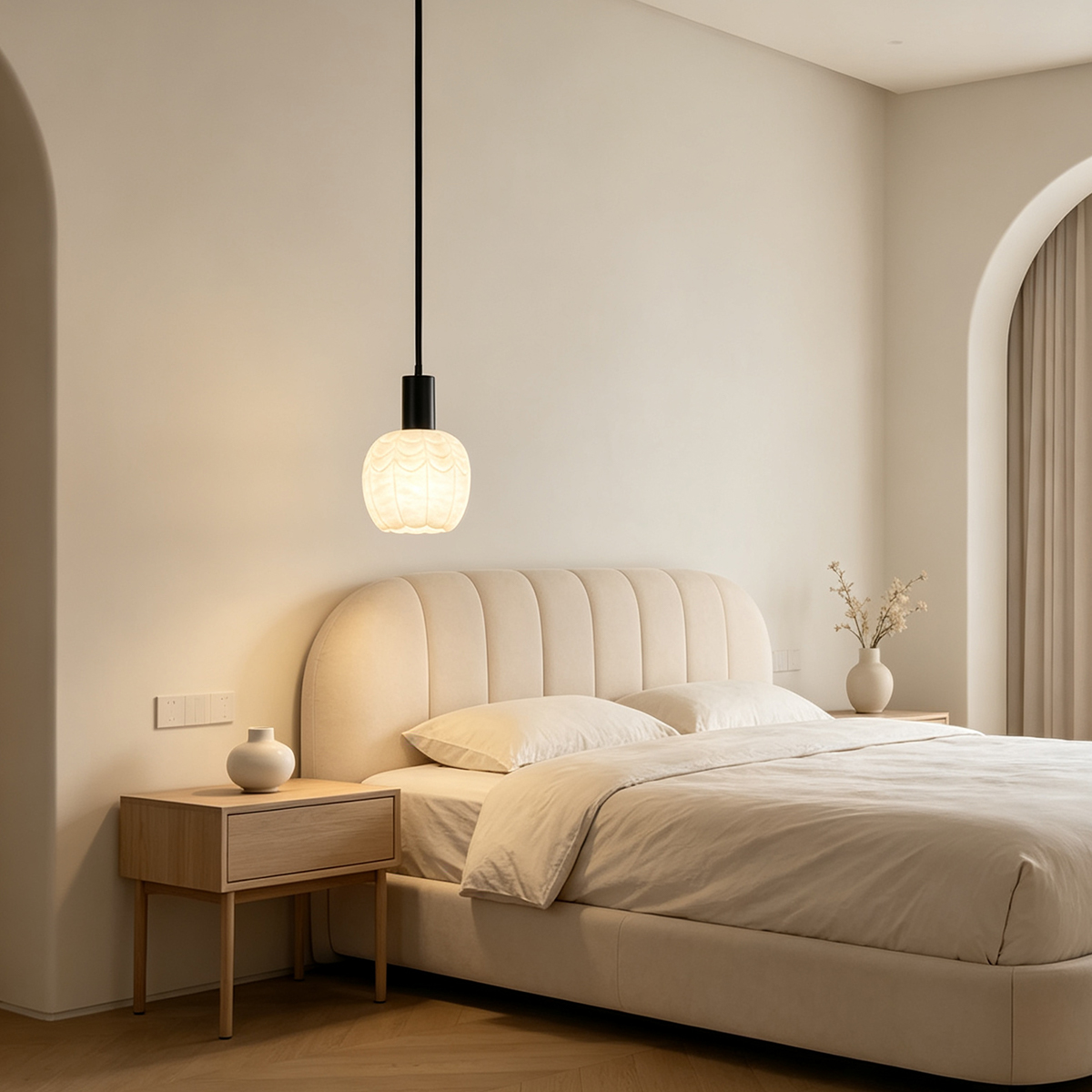 Casailighting “Lotus Bud” Carved Alabaster & Black Brass Pendant Light