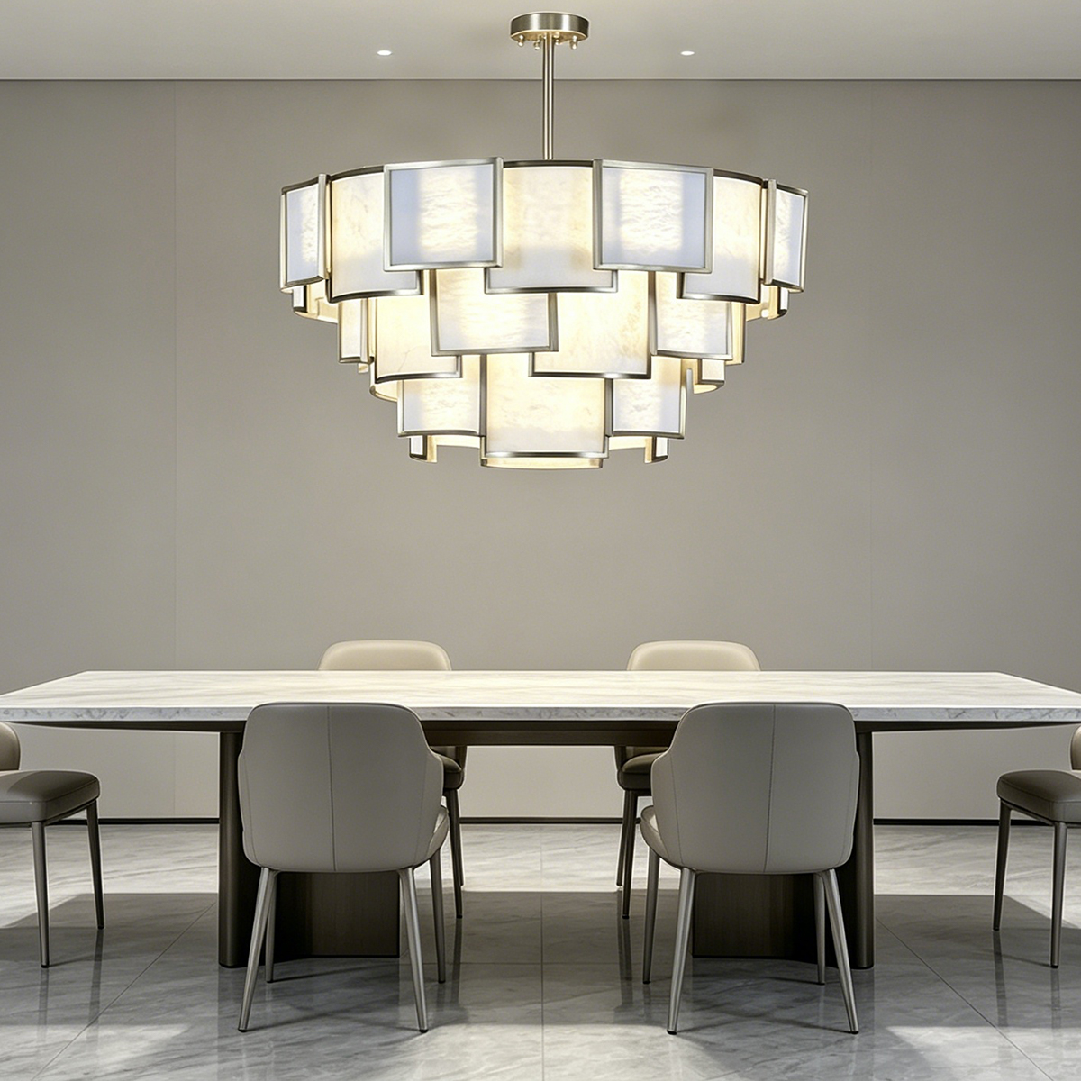 Casailighting Tiered Square Alabaster & Stainless Steel Chandelier